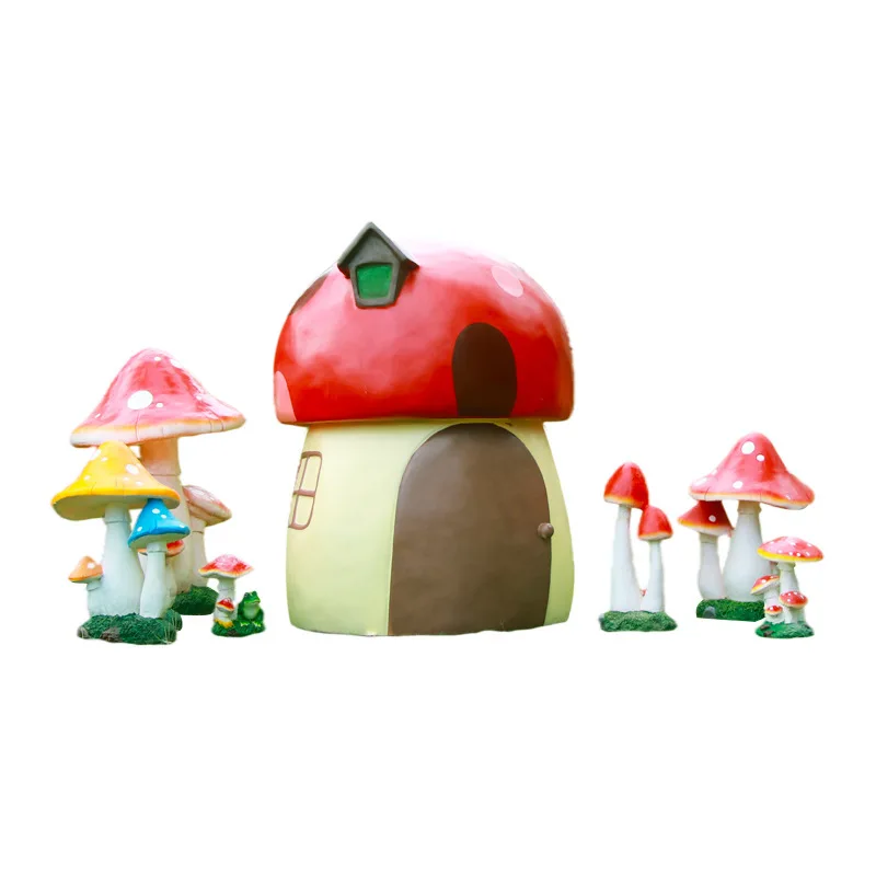 Gardening Tools Cartoon - Fiberglass simulation cartoon mushroom house sculpture,